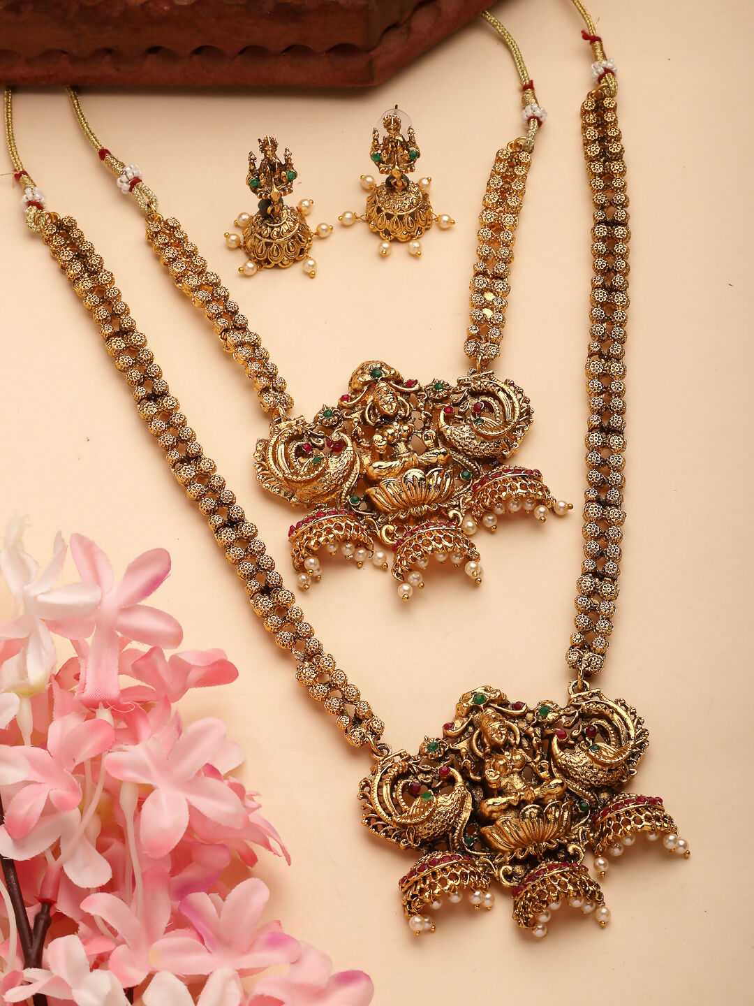 NVR Women's Set of 2 Gold-Polished Stone Studded Lakshmi Design Temple Jewellery Set