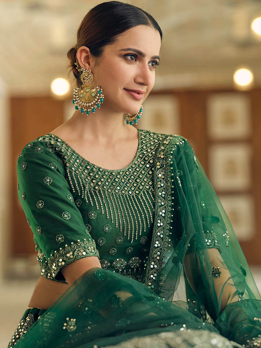 Myra Green Soft Net Embroidered Lehenga