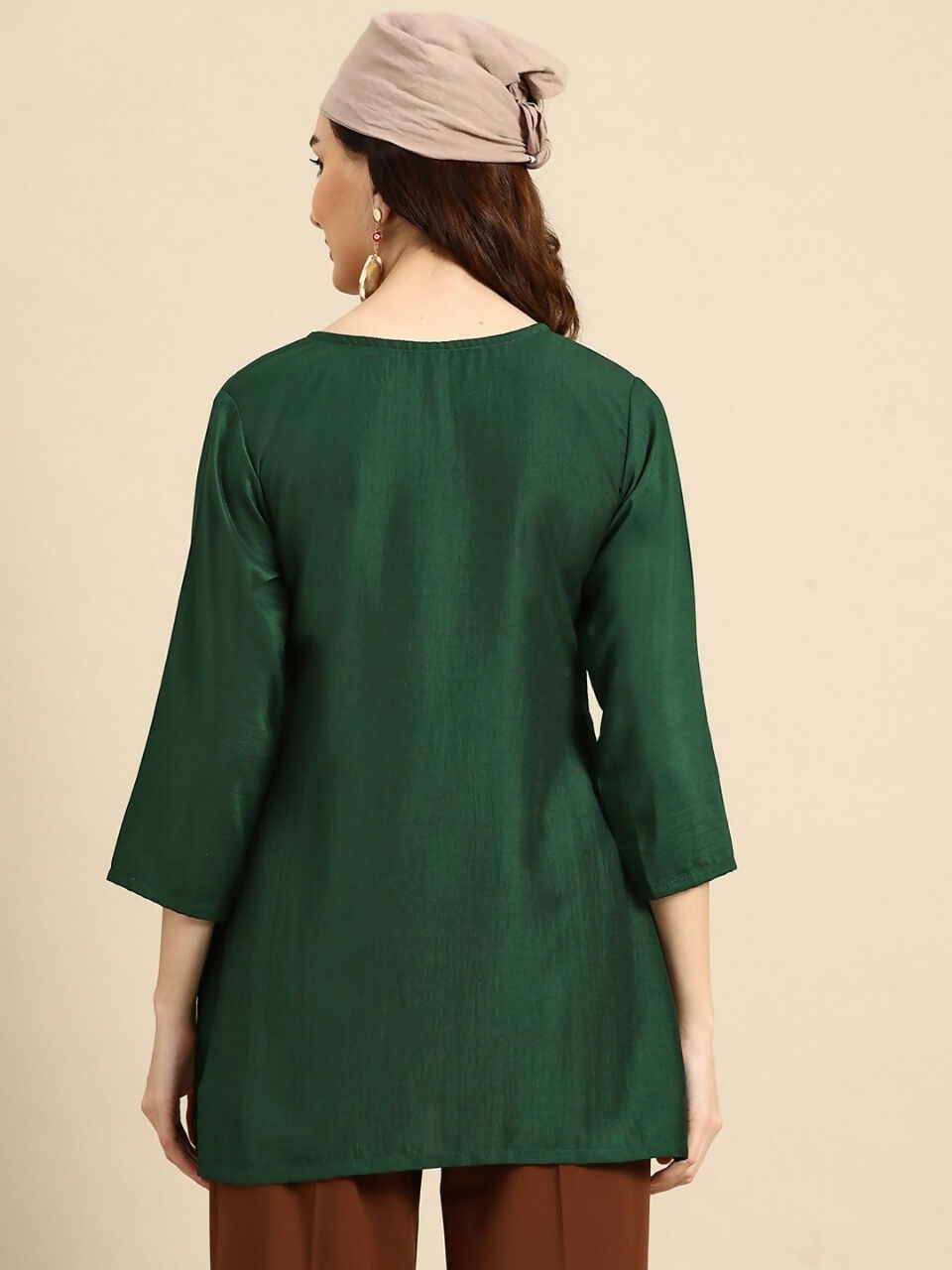 Women's Dark Green Viscose blend Embroidered Short Top - Marina