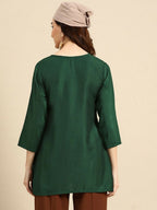 Women's Dark Green Viscose blend Embroidered Short Top - Marina