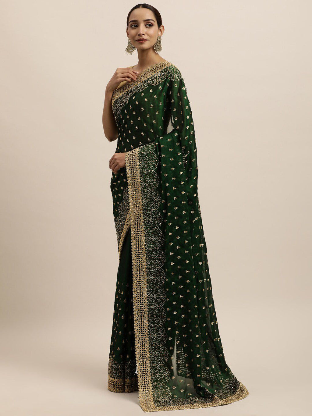 kasee Green & Gold-Toned Floral Embroidered Art Silk Saree