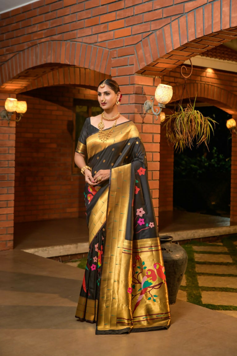 Jyoti Fashion Women's Black Paithani Silk Zari Woven Saree with Blouse