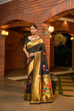 Jyoti Fashion Women's Black Paithani Silk Zari Woven Saree with Blouse