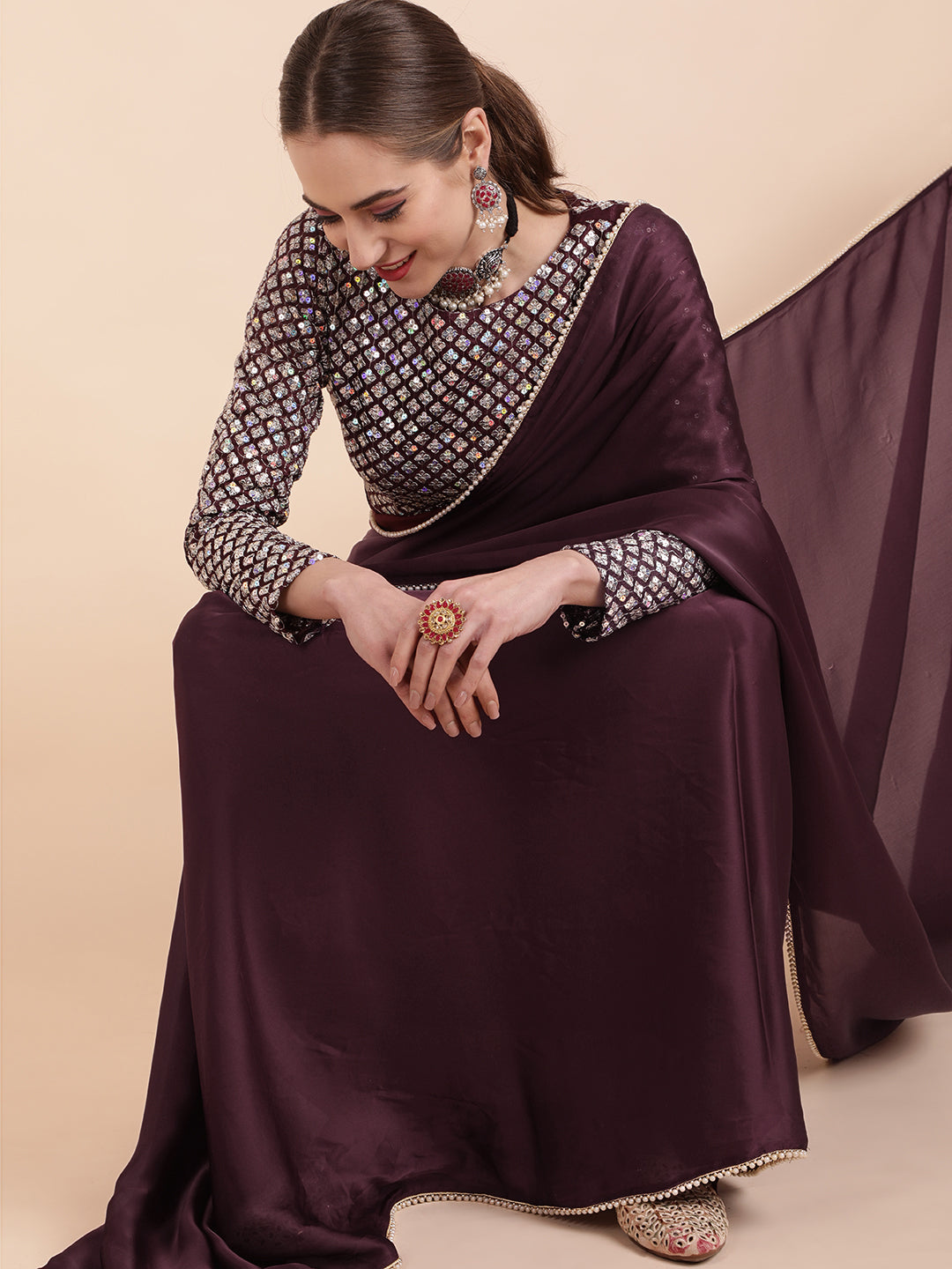 Sangria Burgundy Sequinned Satin Saree - Distacart