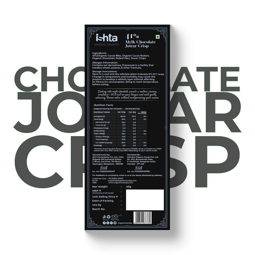 Organic Mandya 41% Mylk Chocolate with Jowar crisp - Distacart