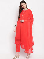 Janasya Red Solid Kurta with Trousers & Dupatta - Distacart