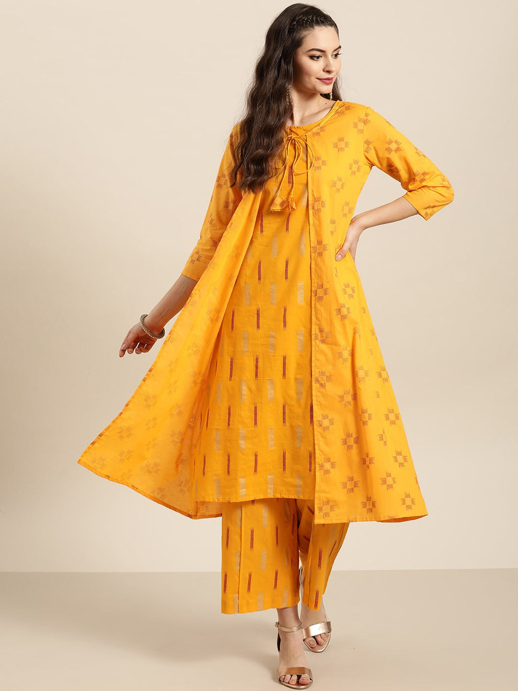 Sangria Women Mustard Yellow & Red Pure Cotton Printed Kurta with Palazzos