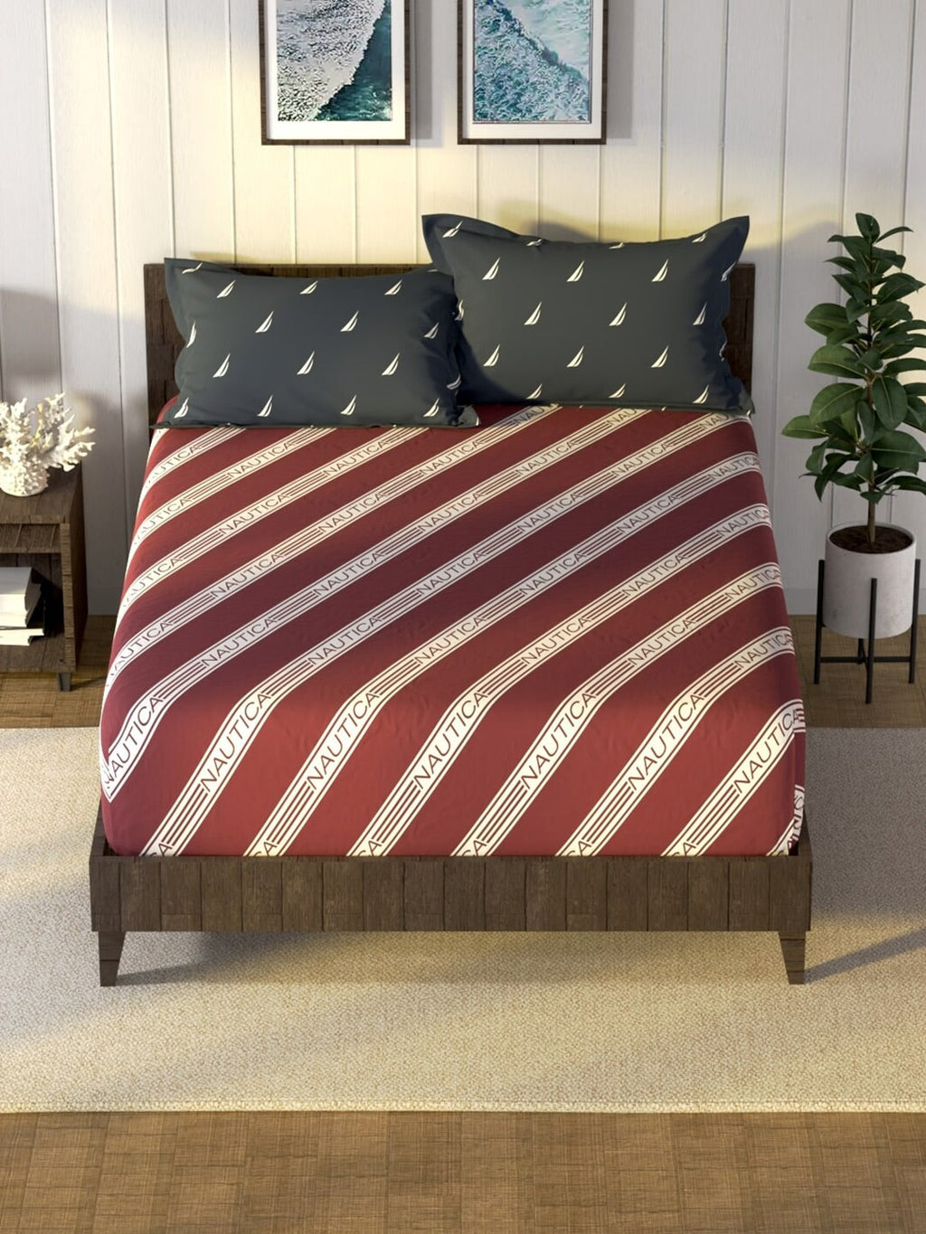 Nautica Noridge Red & White Printed Cotton 160 TC King Bedsheet with 2 Pillow Covers