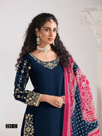 Anaita Navy Blue Roman Silk Stitched Suit with Embroidery & Real Mirror Work - Distacart