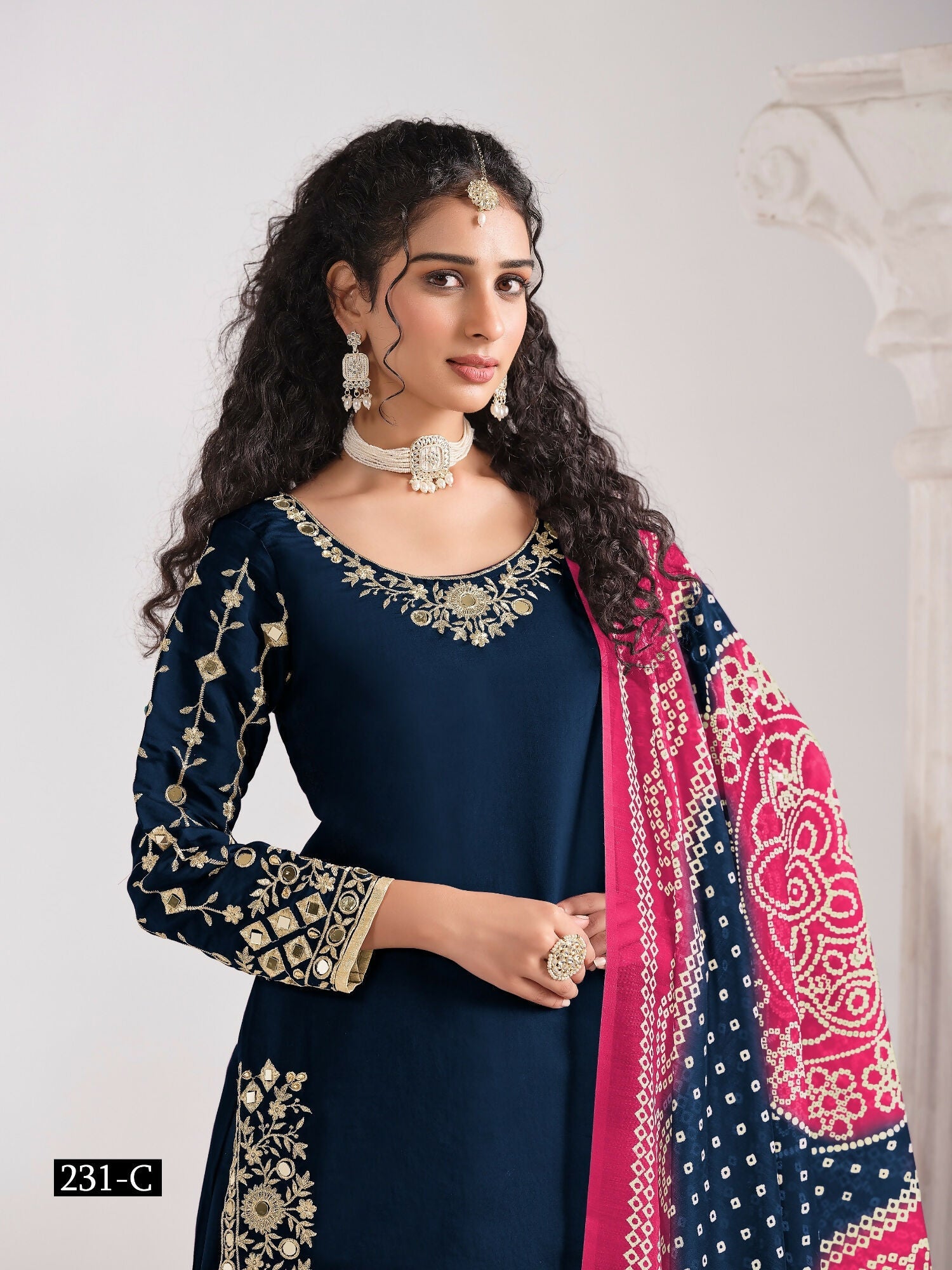 Anaita Navy Blue Roman Silk Stitched Suit with Embroidery & Real Mirror Work - Distacart
