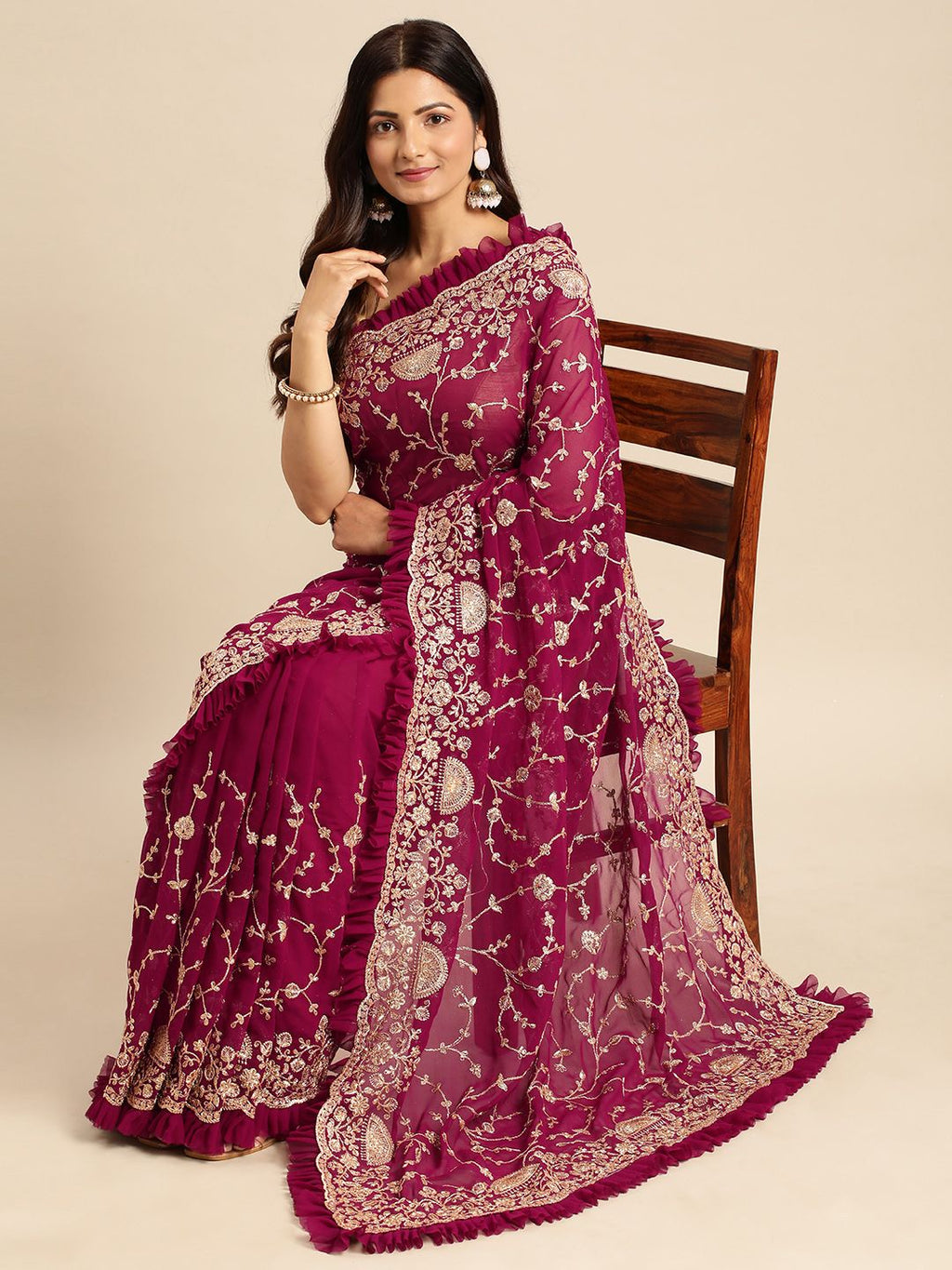 kasee Floral Zari Pure Georgette Saree - Distacart