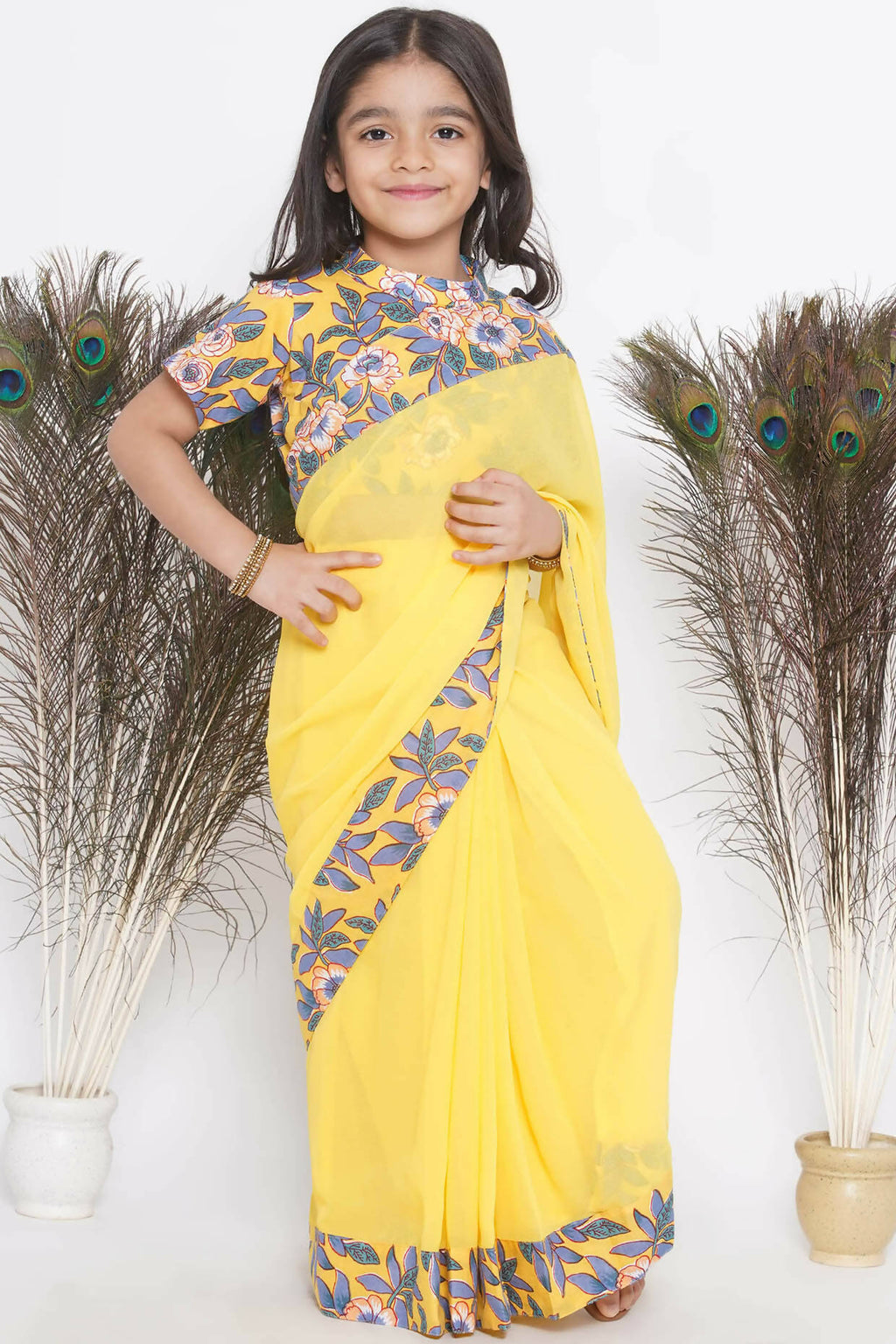 Little Bansi Floral Print Ready To Wear Saree And Floral Blouse - Yellow