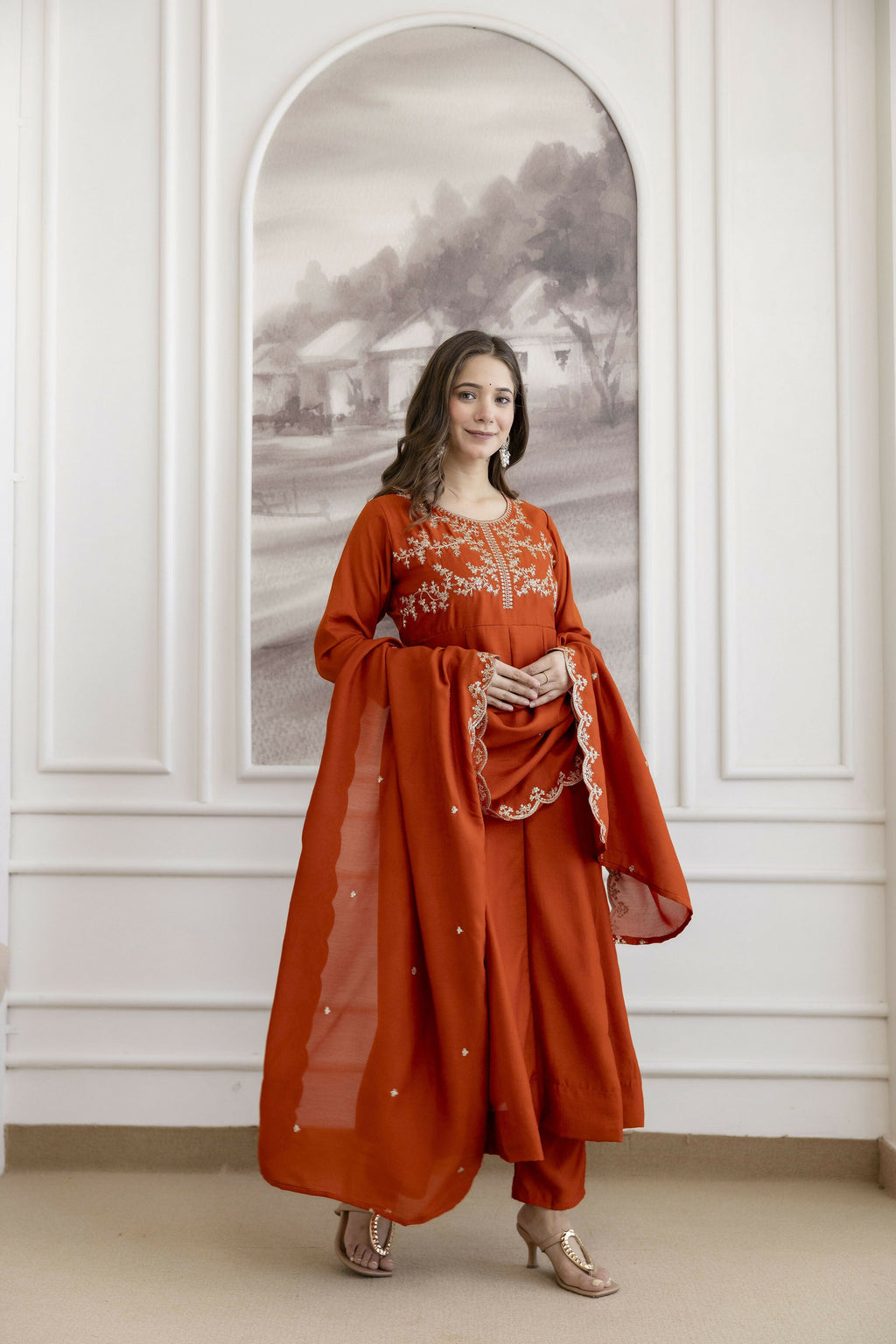 The52 Orange Women's Beautiful Vichitra Silk Fabric Embroidered Work Flared Anarkali Pant and Dupatta Set - Distacart