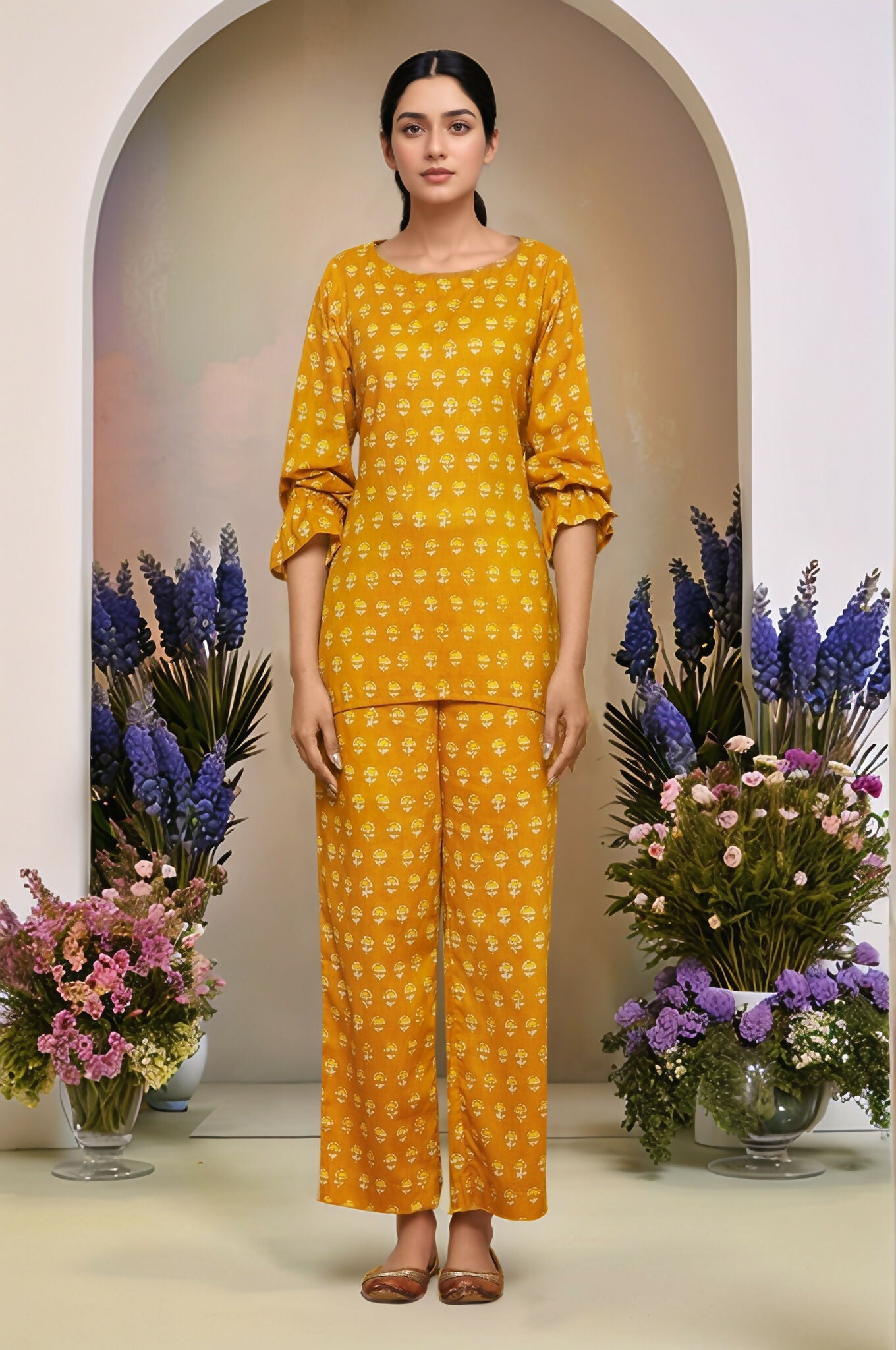Joban Fashion Mustard Flower Printed Cotton Top With Front Knot And Maching Palazzo Pant