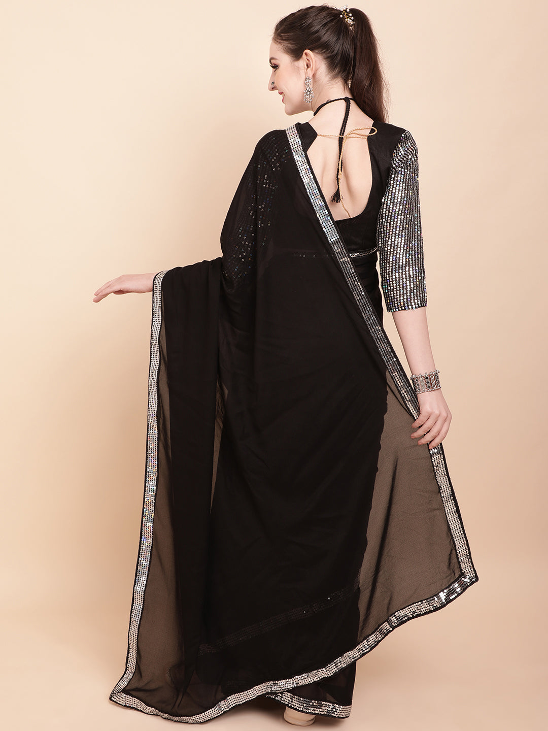 Sangria Black & Silver-Toned Sequinned Pure Georgette Celebrity Saree - Distacart