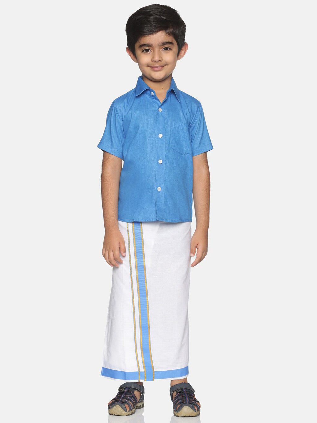 Sethukrishna Boys Blue & White Solid Shirt and Veshti Set