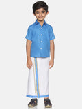 Sethukrishna Boys Blue & White Solid Shirt and Veshti Set