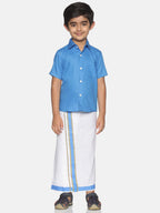 Sethukrishna Boys Blue & White Solid Shirt and Veshti Set