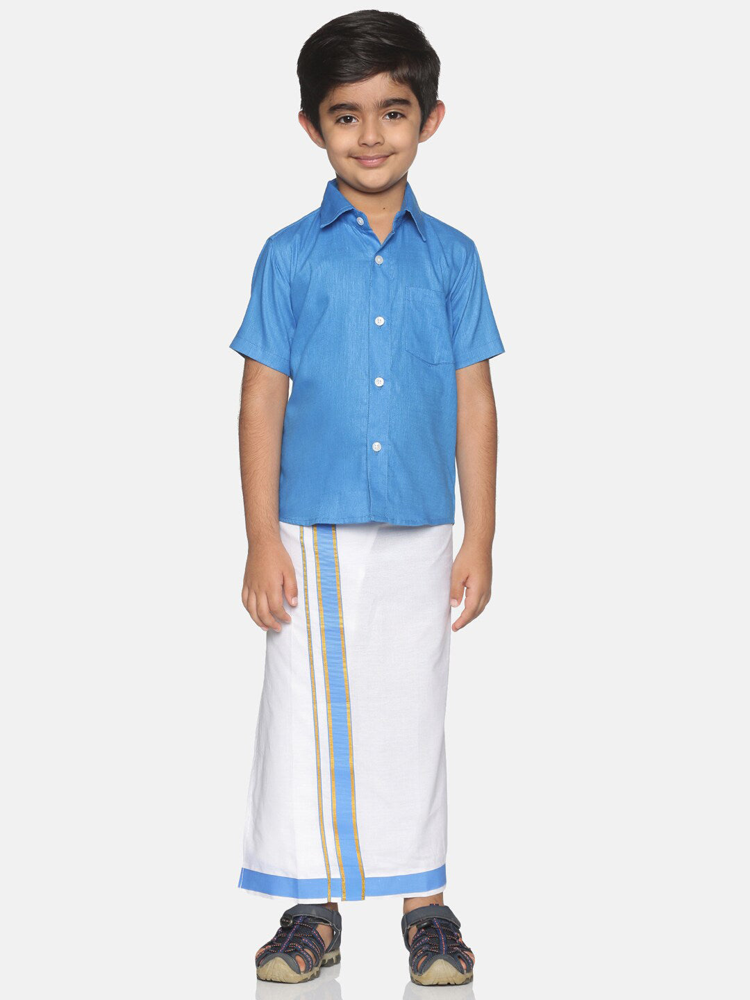 Sethukrishna Boys Blue & White Solid Shirt and Veshti Set