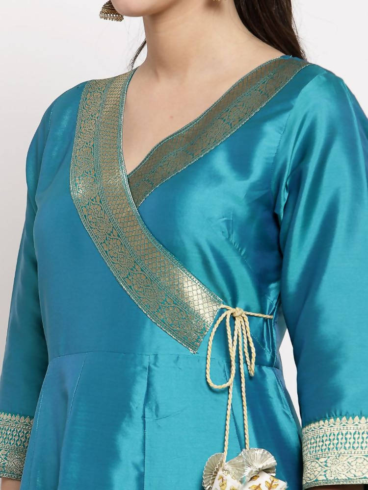 Myshka Women's Green Silk Solid 3/4 Sleeve V Neck Casual Anarkali Gown