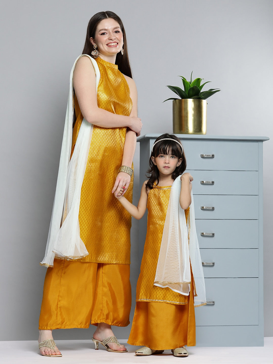 HERE&NOW Women Mustard Yellow Ethnic Motifs Kurta with Palazzos & With Dupatta