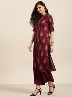 Sangria Women Maroon & Golden Pure Cotton Printed Kurta with Palazzos