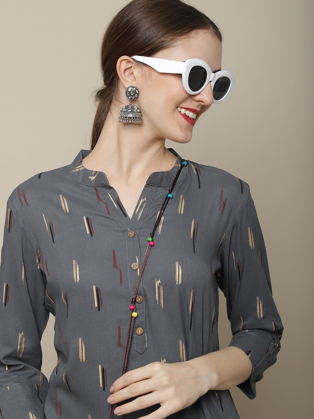 Sangria Women Charcoal & Beige Printed Kurta