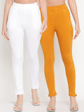 TAG 7 Women Pack of 2 Mustard Yellow & White Solid Leggings