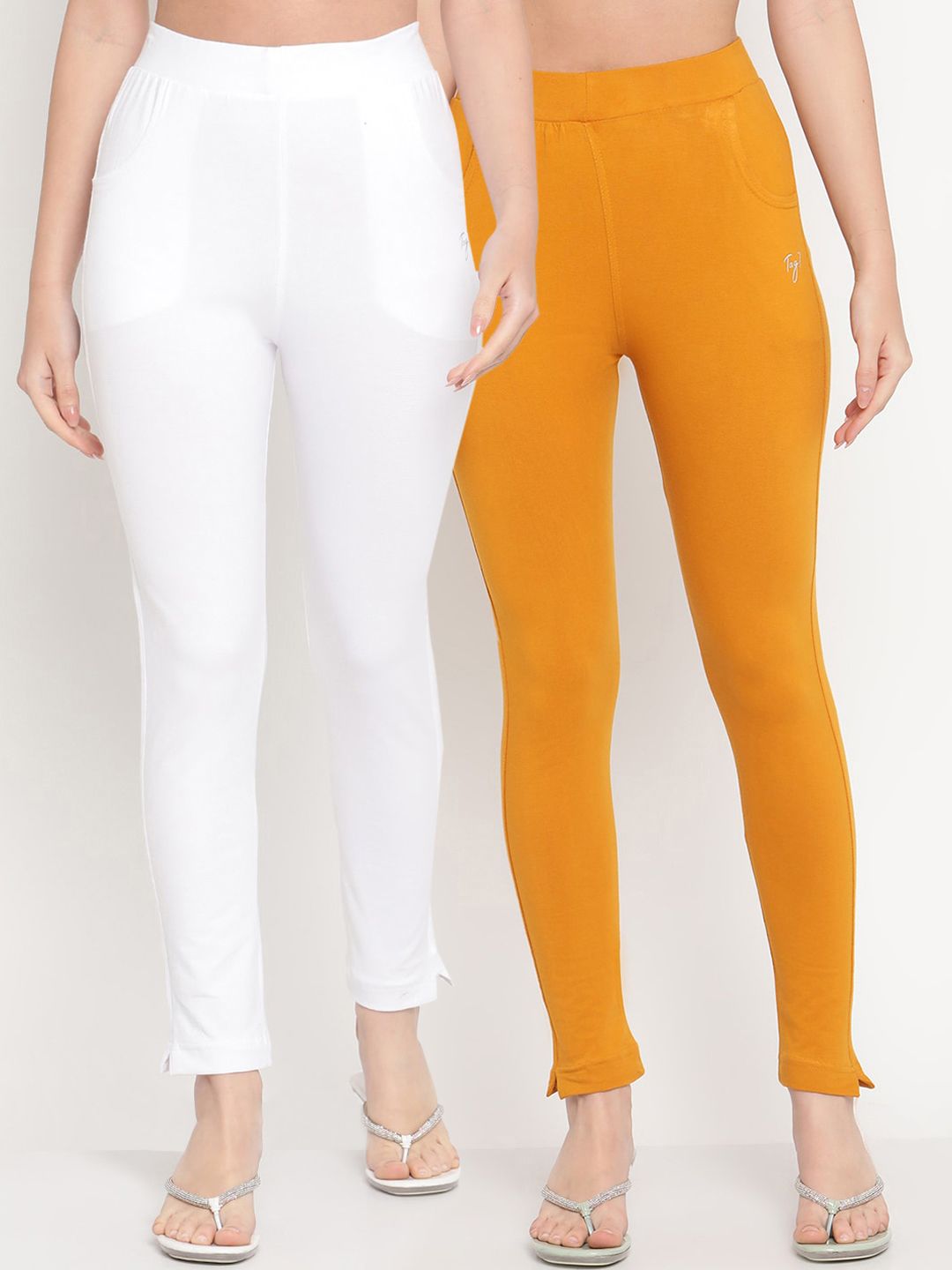 TAG 7 Women Pack of 2 Mustard Yellow & White Solid Leggings