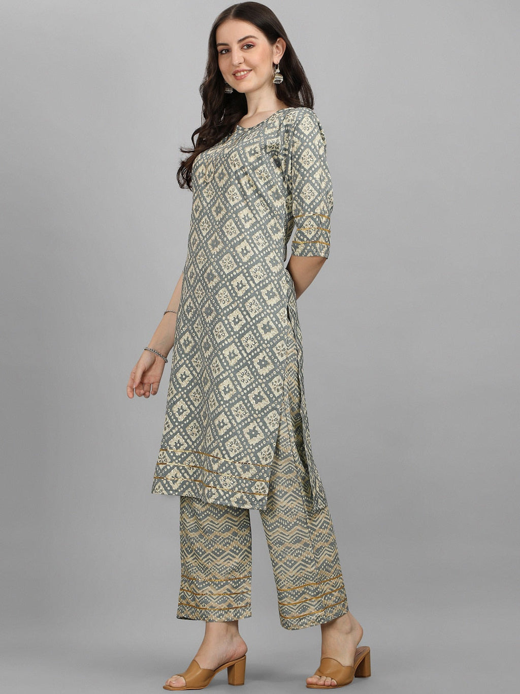 HERE&NOW Women Grey Ethnic Motifs Printed Kurta With Palazzos