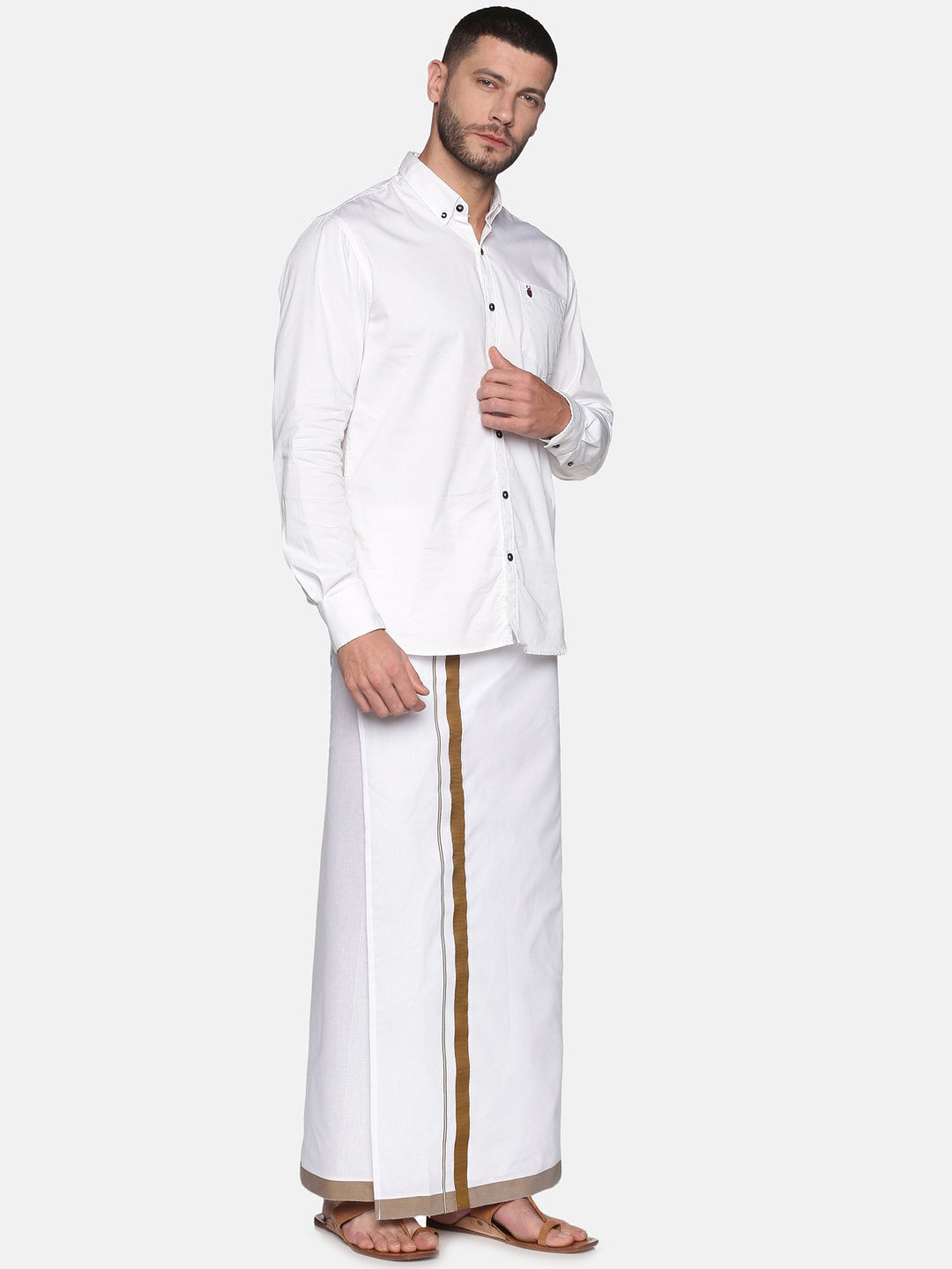 Sethukrishna Men White & Brown Solid Cotton Dhoti - Distacart