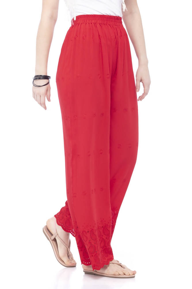 Mominos Fashion Reyon Cotton Red Embroidery Chikan Palazzo - Distacart