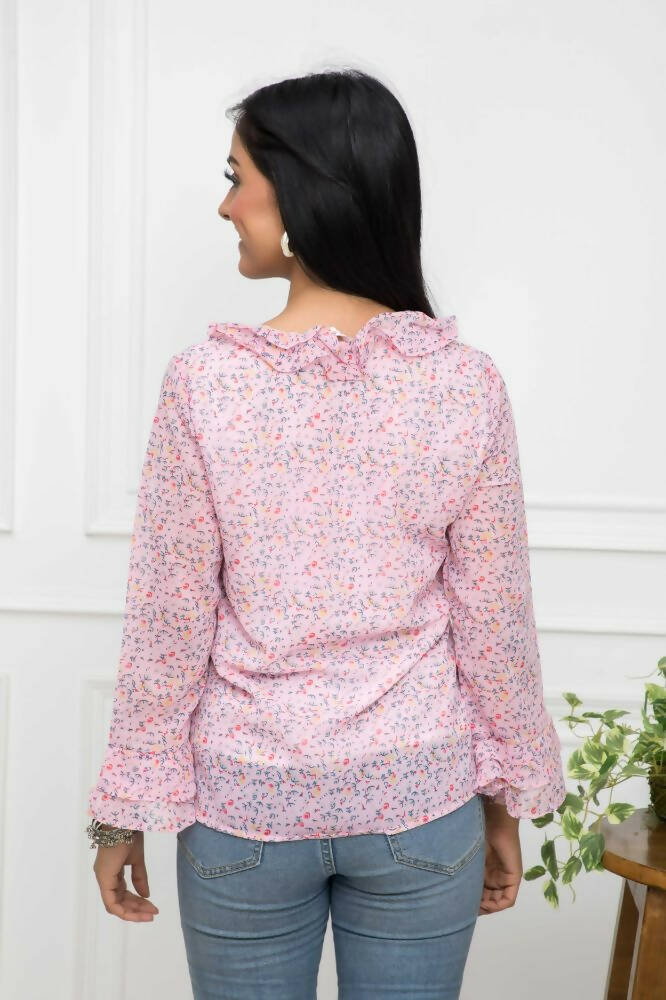 Myshka Women Pink Floral V-Neck Regular Sleeves Synthetic Georgette Top - Distacart
