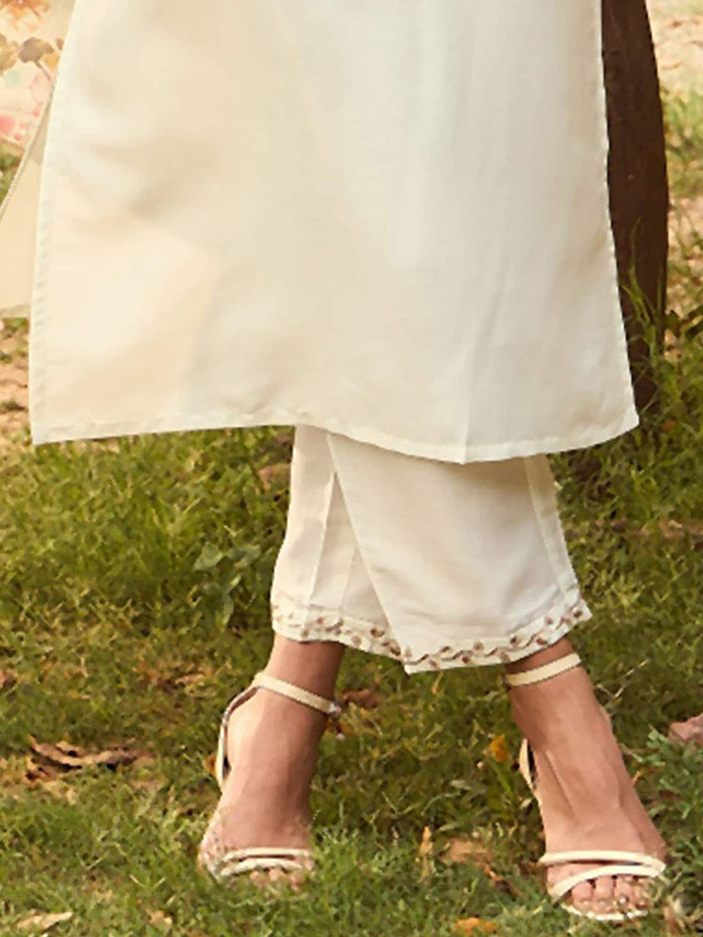 Indo Era White Floral Yoke Design Tie-Up Neck Straight Kurta With Trousers & Dupatta - Distacart