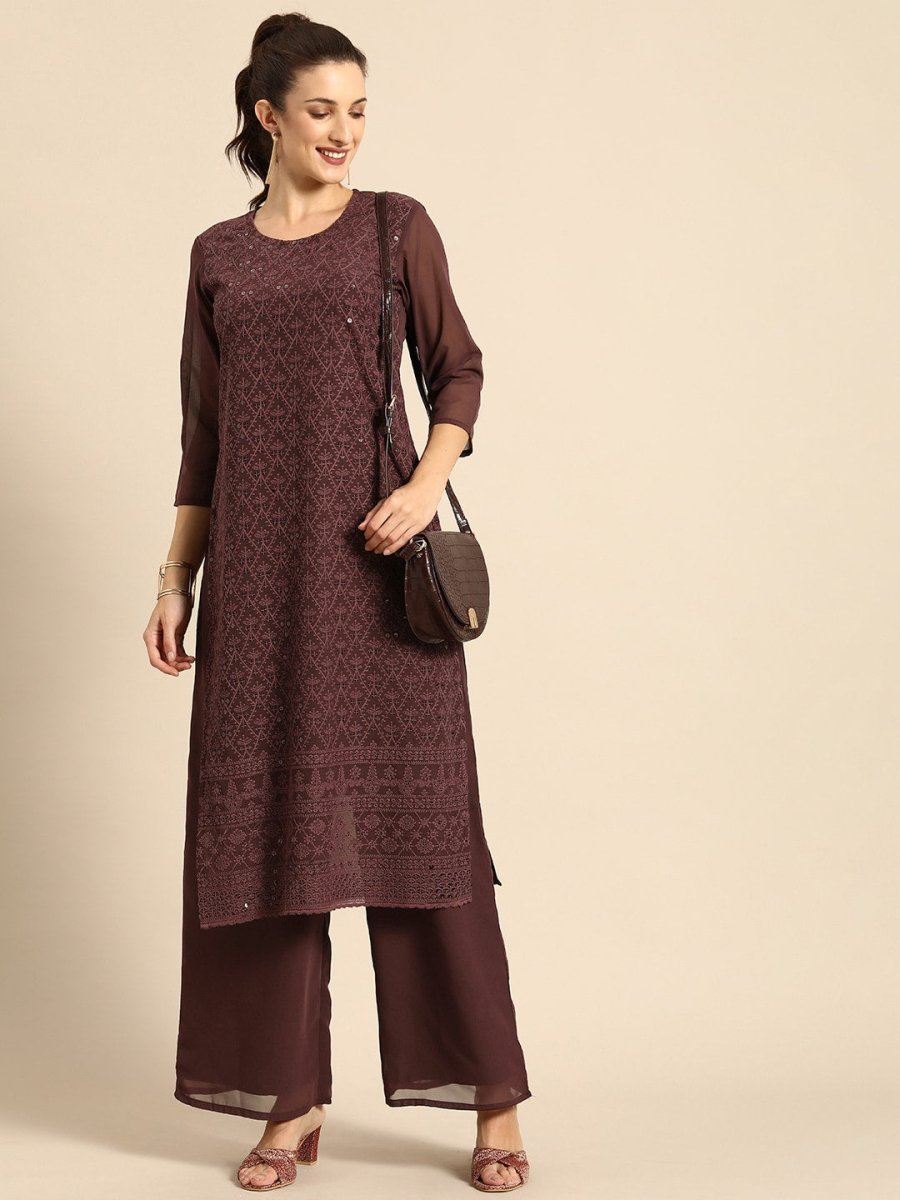 All About You Women Brown Ethnic Motifs Embroidered Regular Chikankari Kurta with Palazzos