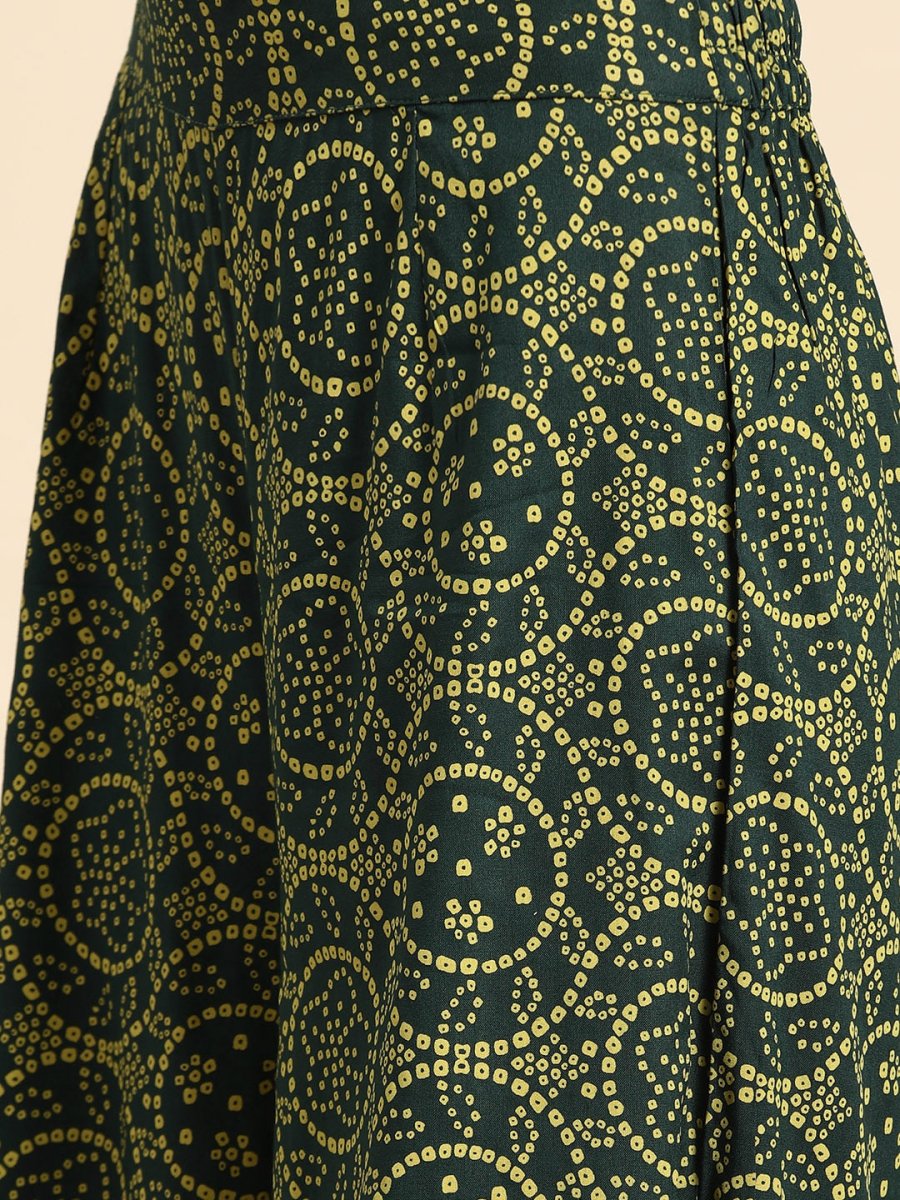 All About You Women Green Bandhani Printed Gathered Sequinned Kurti with Palazzos