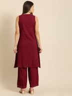All About You Women Maroon Self Design Pure Cotton A-Line Kurta with Palazzos