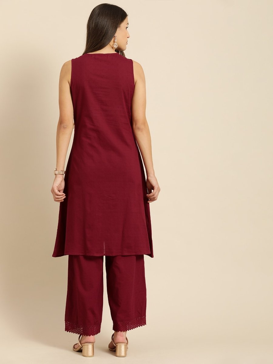 All About You Women Maroon Self Design Pure Cotton A-Line Kurta with Palazzos