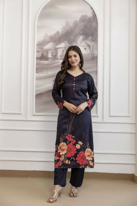 The52 Women's Beautiful Soft Assam Fabric Printed Work A-line Kurta Pant and Dupatta Set