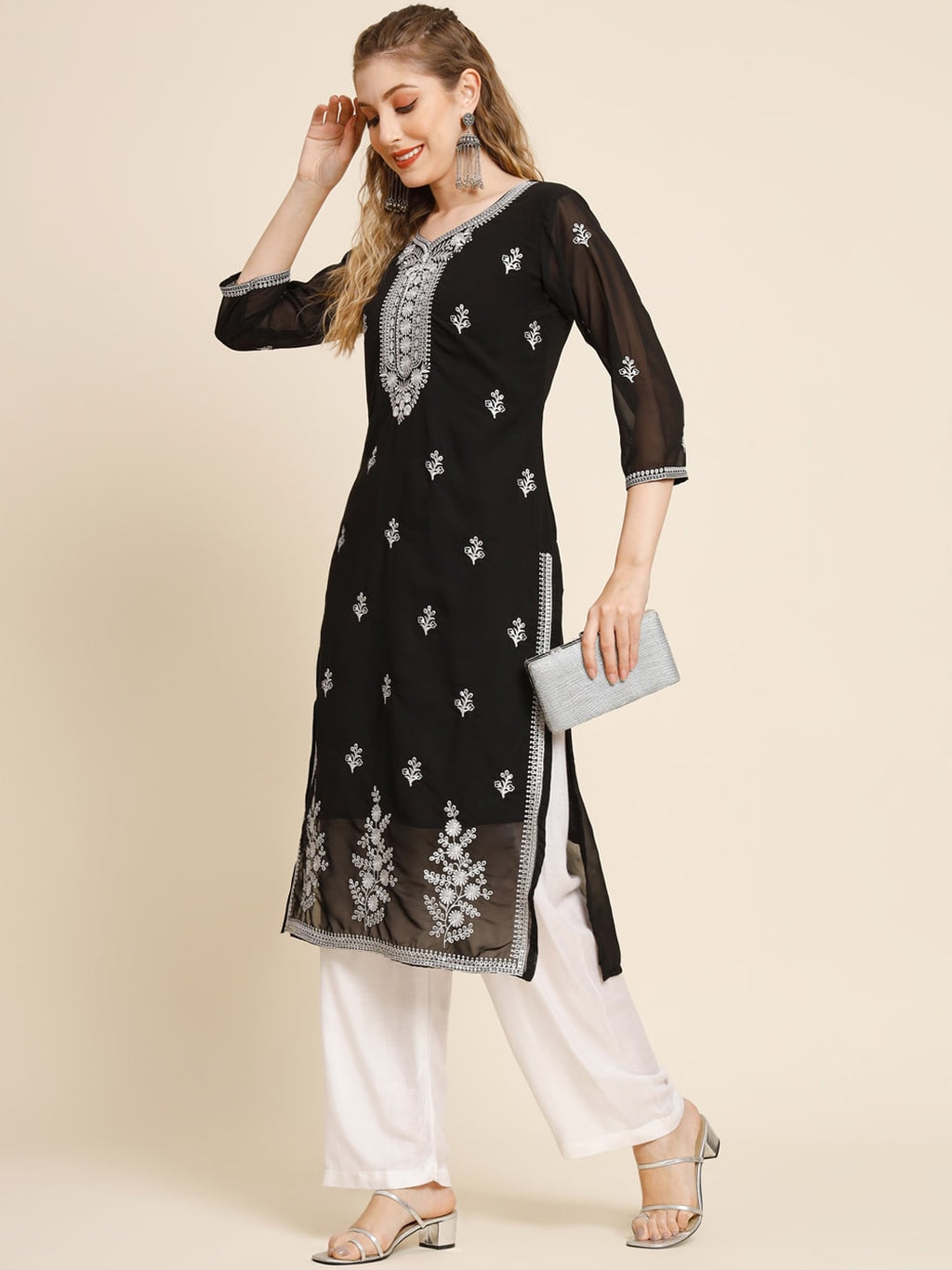HERE&NOW Ethnic Motifs Embroidered Sequined Georgette Kurta