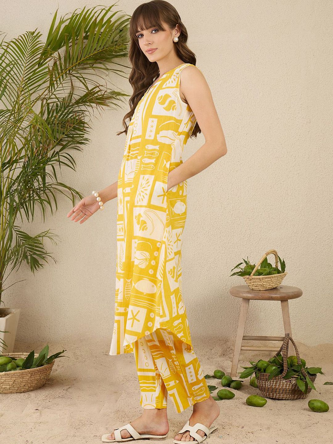 Indo Era Women Ethnic Motifs Printed Pleated Pure Cotton Kurta with Trousers - Distacart