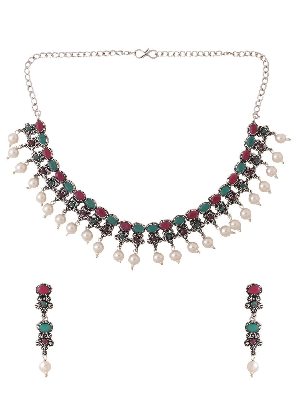 NVR Women Silver-Plated Stone Studded Oxidised Silver Jewellery Set
