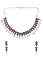 NVR Women Silver-Plated Stone Studded Oxidised Silver Jewellery Set
