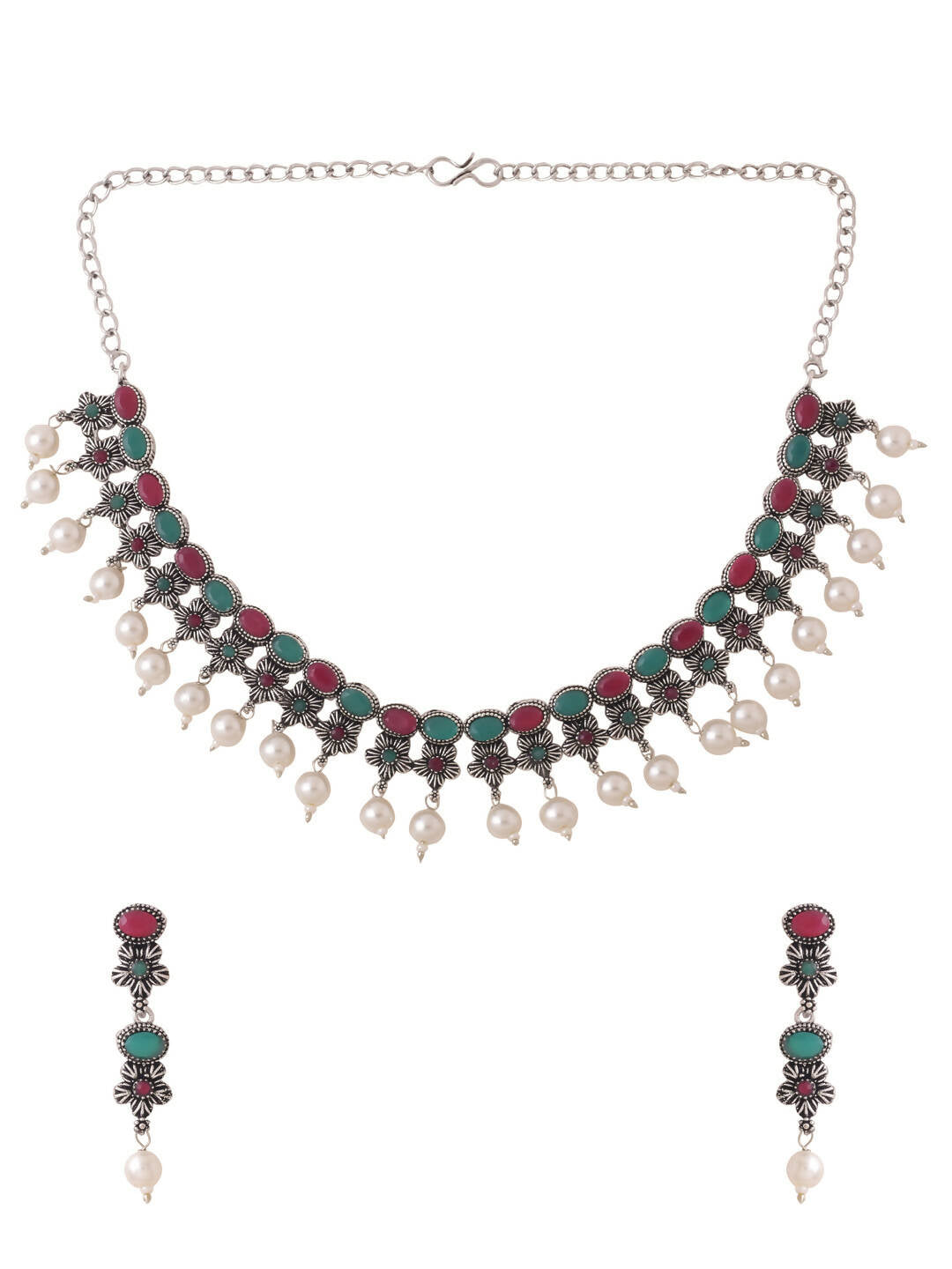 NVR Women Silver-Plated Stone Studded Oxidised Silver Jewellery Set