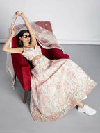 House of Panchhi Cream Net Sequins And Thread Embroidery Lehenga Choli & Dupatta