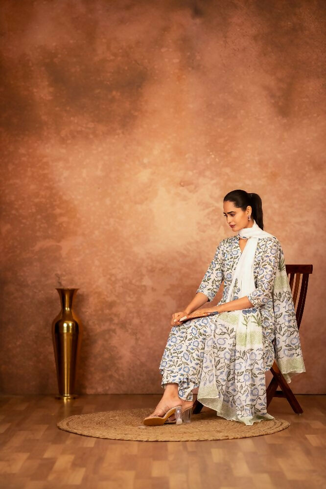 Joban Fashion Blue Hand Block Printed Cotton Suit Set - Distacart
