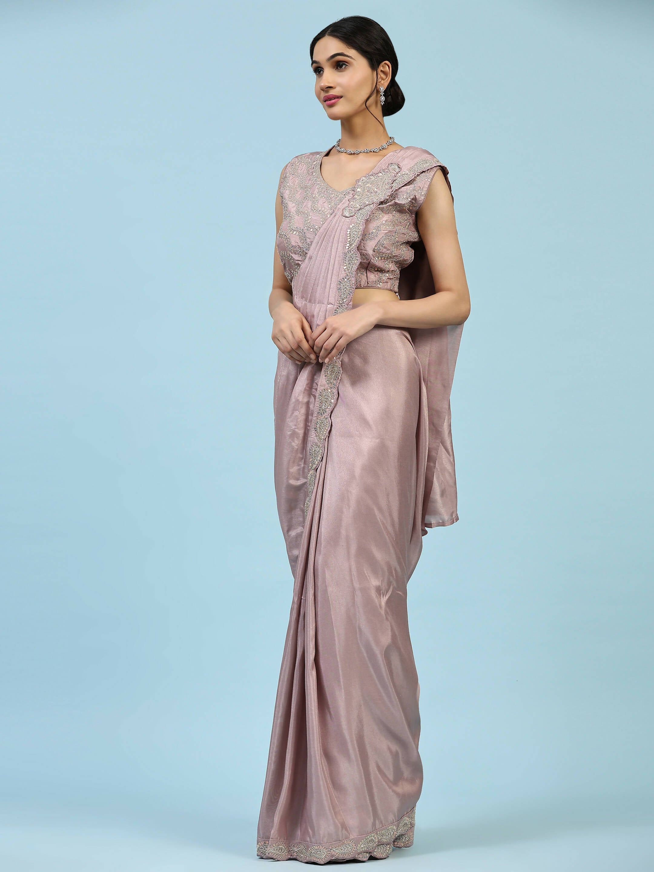 Lavendar Silk Satin Plain Ready to wear Saree with stitched Blouse - Vrinda