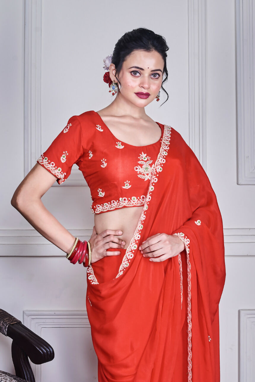 Morchari Red Chiffon Hand Embroidery Saree And Stitched Blouse - Distacart