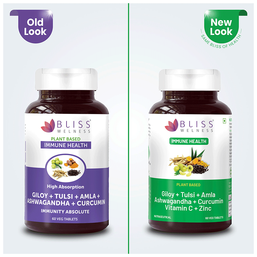 Bliss Welness Giloy + Tulsi + Amla + Ashwagandha + Curcumin Immunity Health Veg Tablet