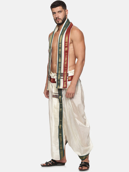 Sethukrishna Men Cream Coloured Solid Dhoti Pant With Angavastram